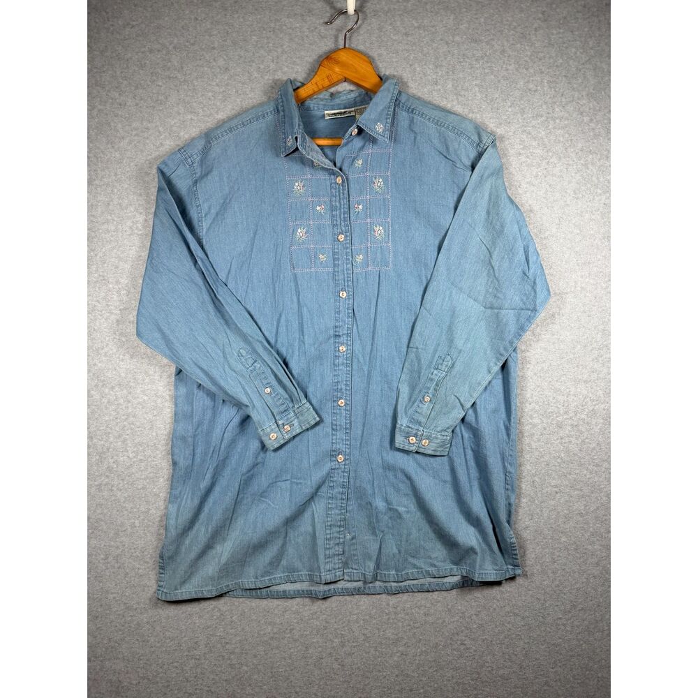 Vintage Northern Reflections Floral Embroidered Denim Shirt L NWT 3876